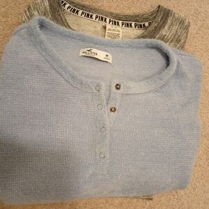 Hollister Sky Blue Button-Up Sweater + PINK Heathered Grey Sweatshirt (M)
